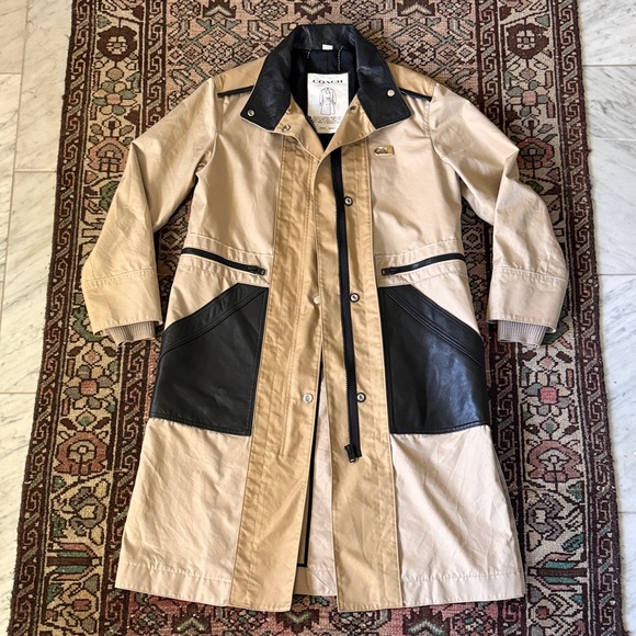 Coach Tan and Black Cotton Leather Wool Trench Coat - Picture 2 of 15